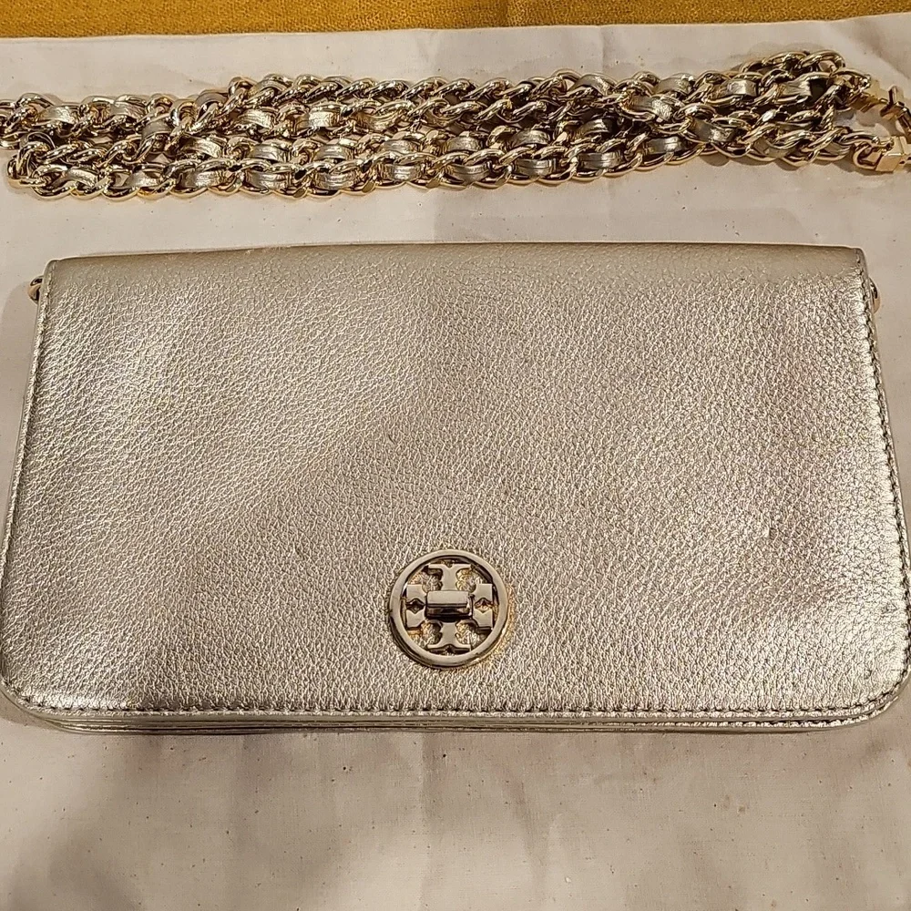 Tory Burch Gold Leather Adalyn Chain Clutch Like New